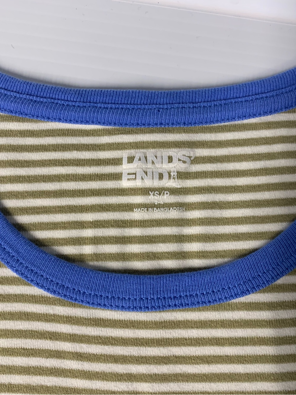 Lands' End Olive & White Striped Tee with Blue Neck Trim